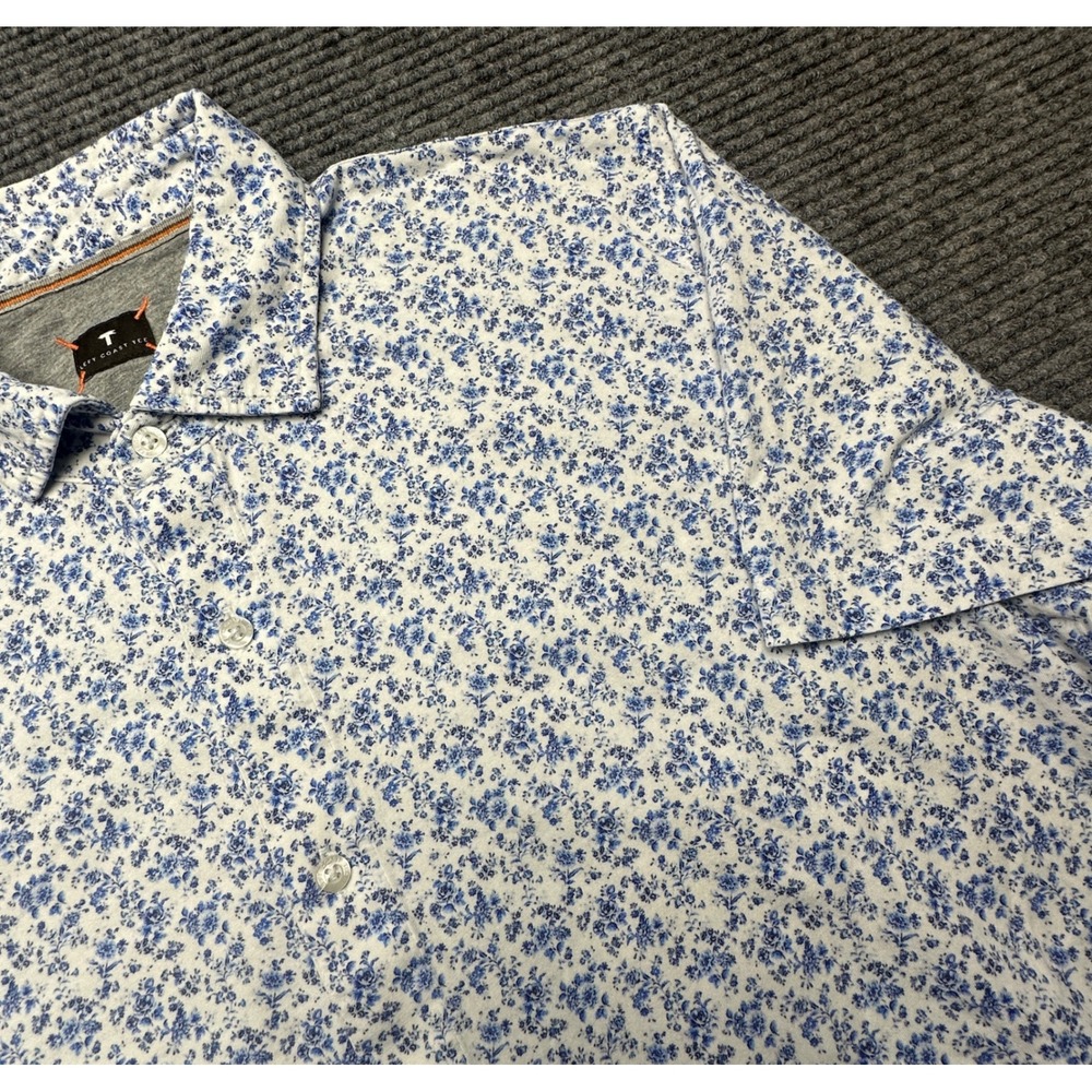 Left Coast Tee Button Down Shirt Men Large White Blue Floral Short Sleeve Cotton